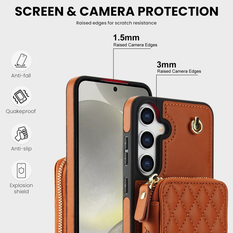 For Samsung Galaxy S24 / S25 5G AwQuer Crossbody Zipper Wallet Rhombic Leather Back Phone Case(Brown)