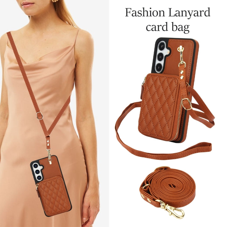 For Samsung Galaxy S24 / S25 5G AwQuer Crossbody Zipper Wallet Rhombic Leather Back Phone Case(Brown)