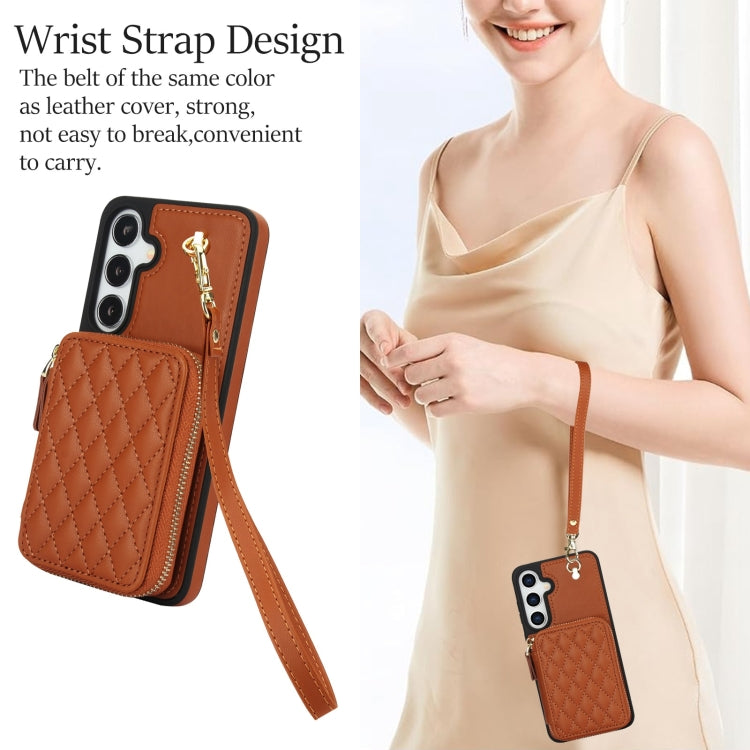 For Samsung Galaxy S24 / S25 5G AwQuer Crossbody Zipper Wallet Rhombic Leather Back Phone Case(Brown)
