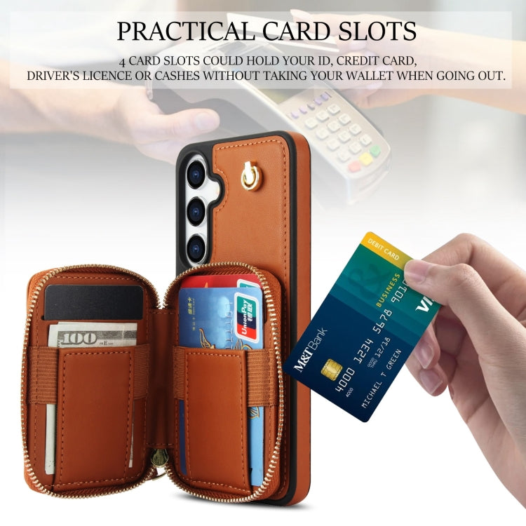 For Samsung Galaxy S24 / S25 5G AwQuer Crossbody Zipper Wallet Rhombic Leather Back Phone Case(Brown)