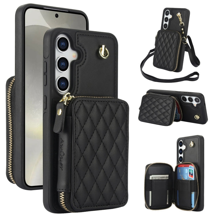 For Samsung Galaxy S24+ / S25+ 5G AwQuer Crossbody Zipper Wallet Rhombic Leather Back Phone Case(Black)