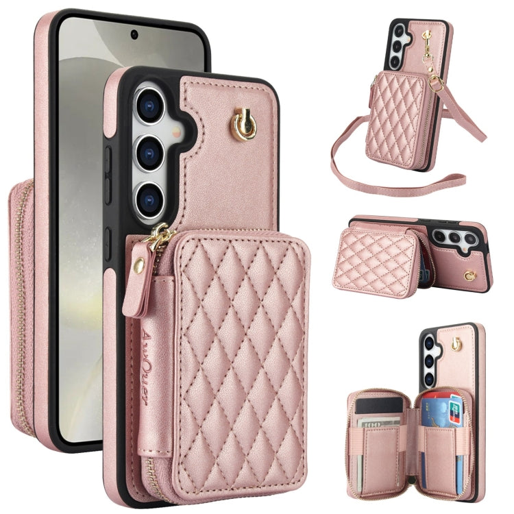 For Samsung Galaxy S24+ / S25+ 5G AwQuer Crossbody Zipper Wallet Rhombic Leather Back Phone Case(Rose Gold)