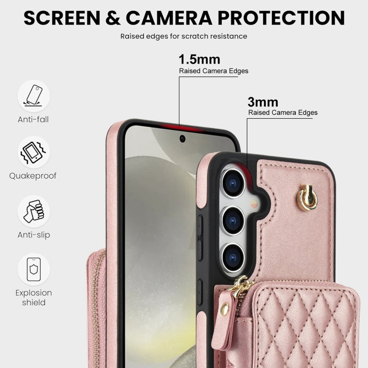 For Samsung Galaxy S24+ / S25+ 5G AwQuer Crossbody Zipper Wallet Rhombic Leather Back Phone Case(Rose Gold)