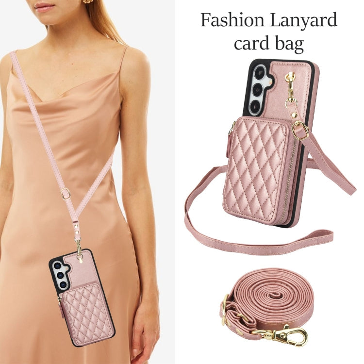 For Samsung Galaxy S24+ / S25+ 5G AwQuer Crossbody Zipper Wallet Rhombic Leather Back Phone Case(Rose Gold)