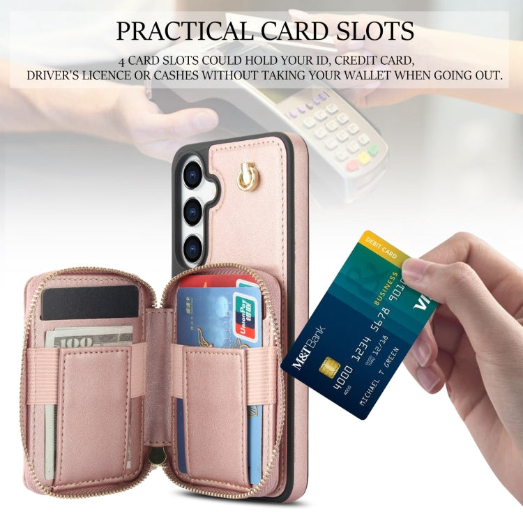 For Samsung Galaxy S24+ / S25+ 5G AwQuer Crossbody Zipper Wallet Rhombic Leather Back Phone Case(Rose Gold)