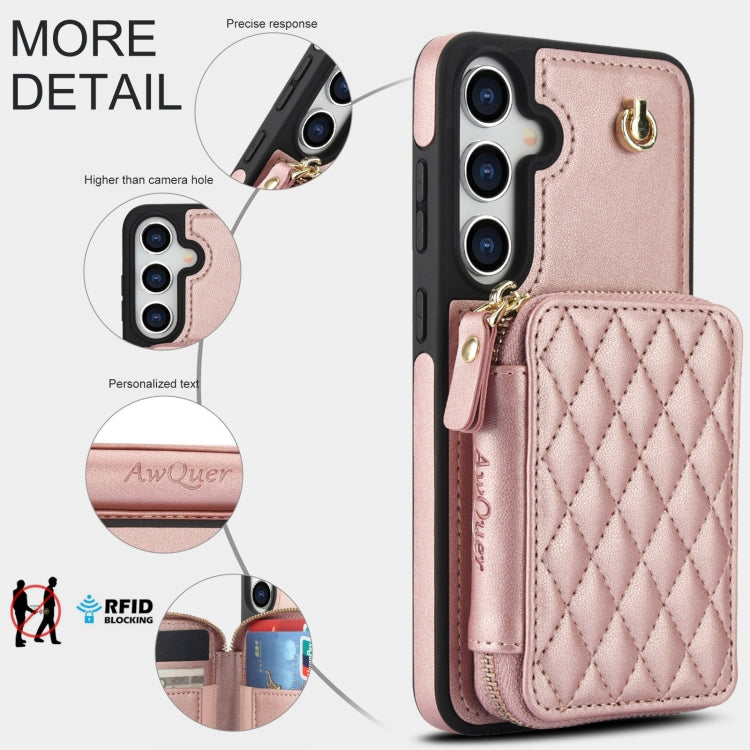 For Samsung Galaxy S24+ / S25+ 5G AwQuer Crossbody Zipper Wallet Rhombic Leather Back Phone Case(Rose Gold)