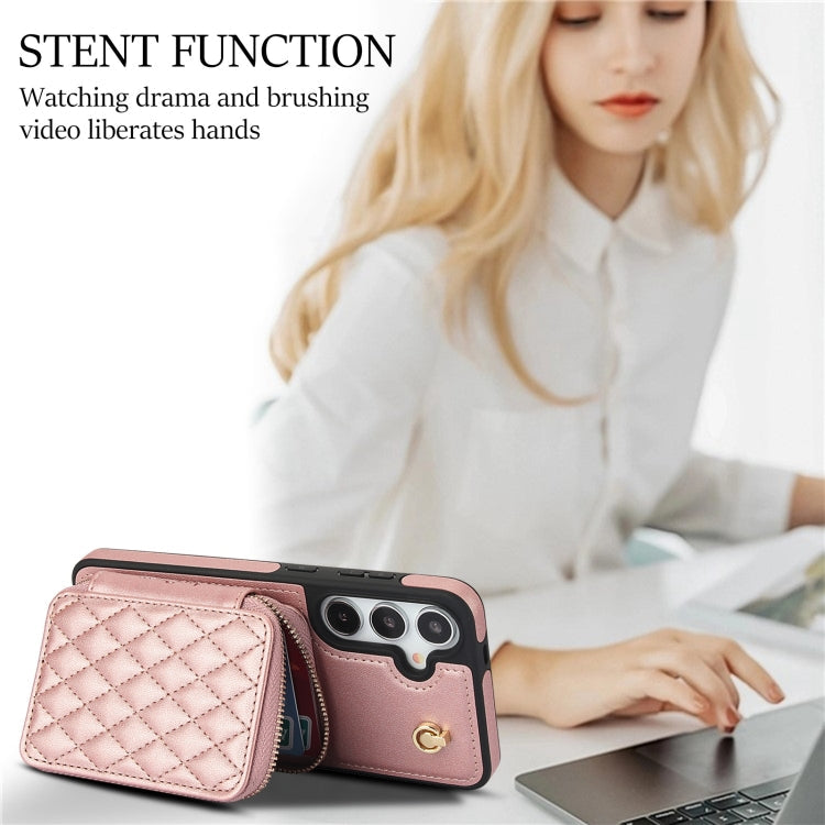 For Samsung Galaxy S24+ / S25+ 5G AwQuer Crossbody Zipper Wallet Rhombic Leather Back Phone Case(Rose Gold)