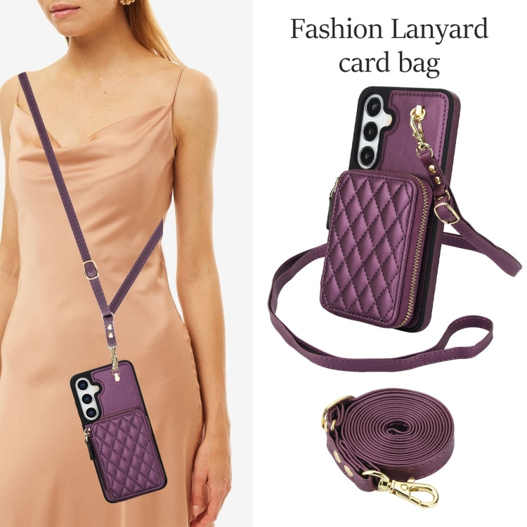 For Samsung Galaxy S24+ / S25+ 5G AwQuer Crossbody Zipper Wallet Rhombic Leather Back Phone Case(Dark Purple)