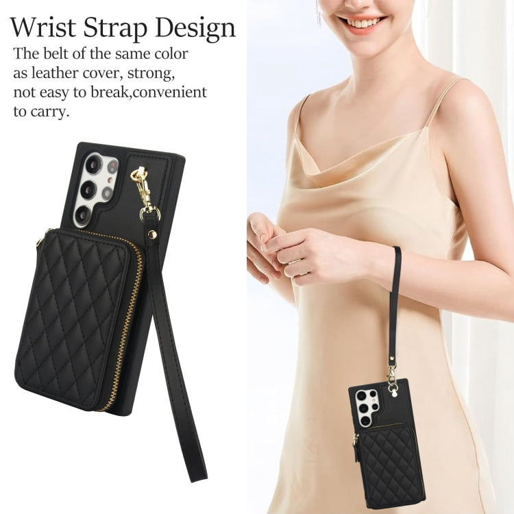 For Samsung Galaxy S24 Ultra 5G AwQuer Crossbody Zipper Wallet Rhombic Leather Back Phone Case(Black)