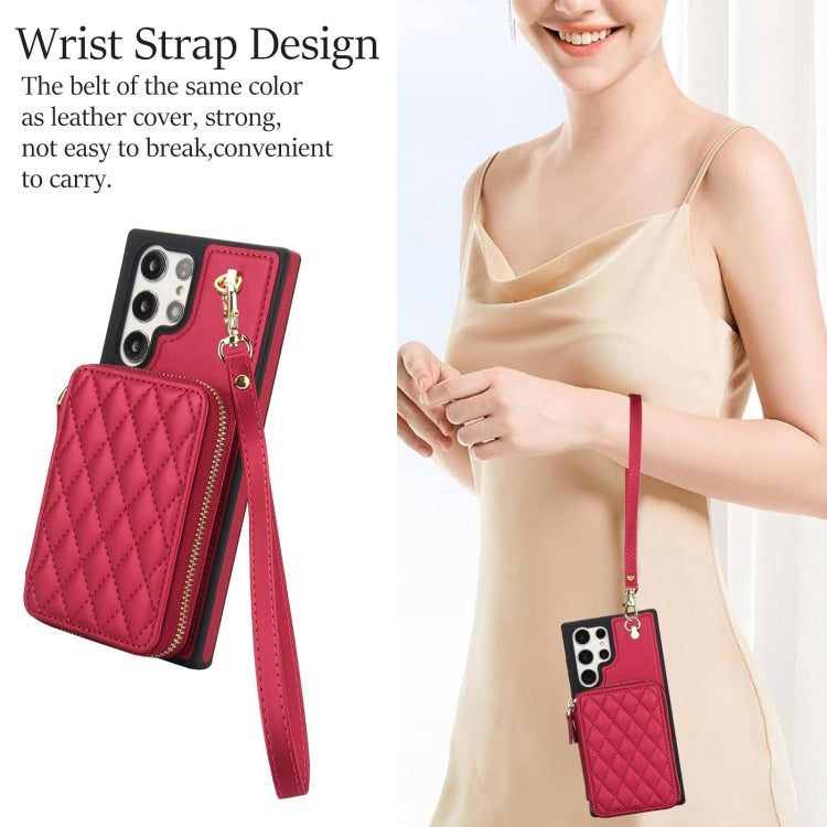 For Samsung Galaxy S24 Ultra 5G AwQuer Crossbody Zipper Wallet Rhombic Leather Back Phone Case(Red)