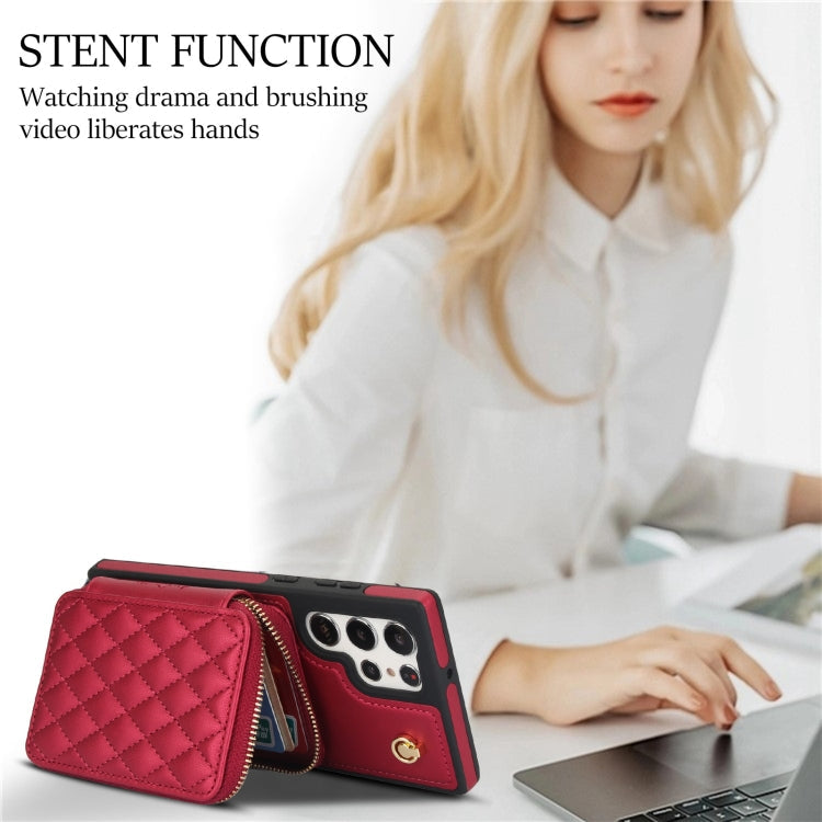 For Samsung Galaxy S24 Ultra 5G AwQuer Crossbody Zipper Wallet Rhombic Leather Back Phone Case(Red)