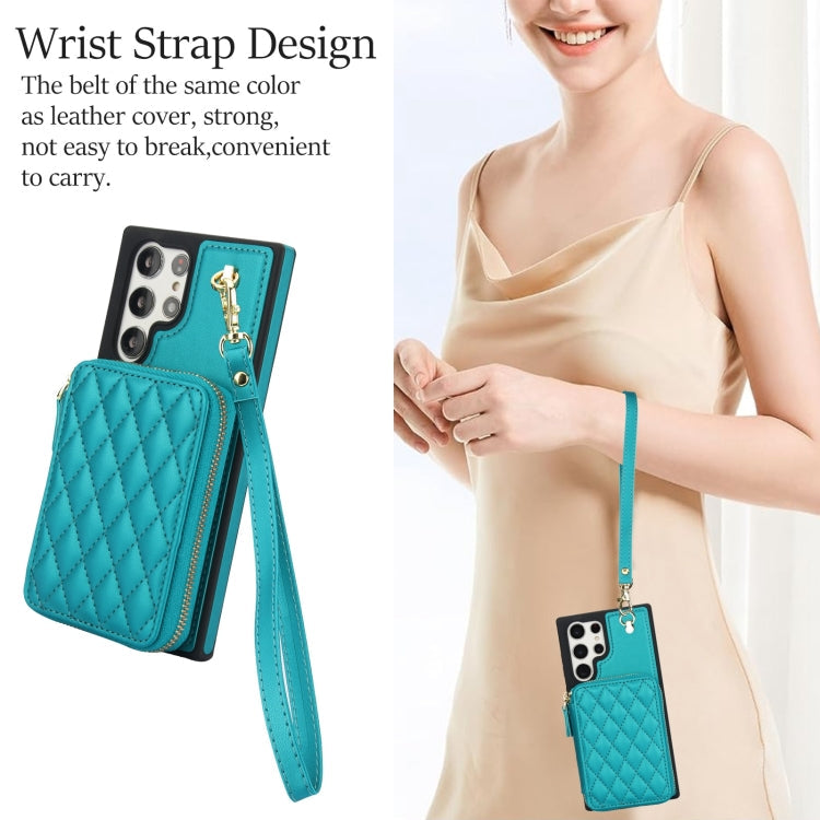 For Samsung Galaxy S24 Ultra 5G AwQuer Crossbody Zipper Wallet Rhombic Leather Back Phone Case(Green)
