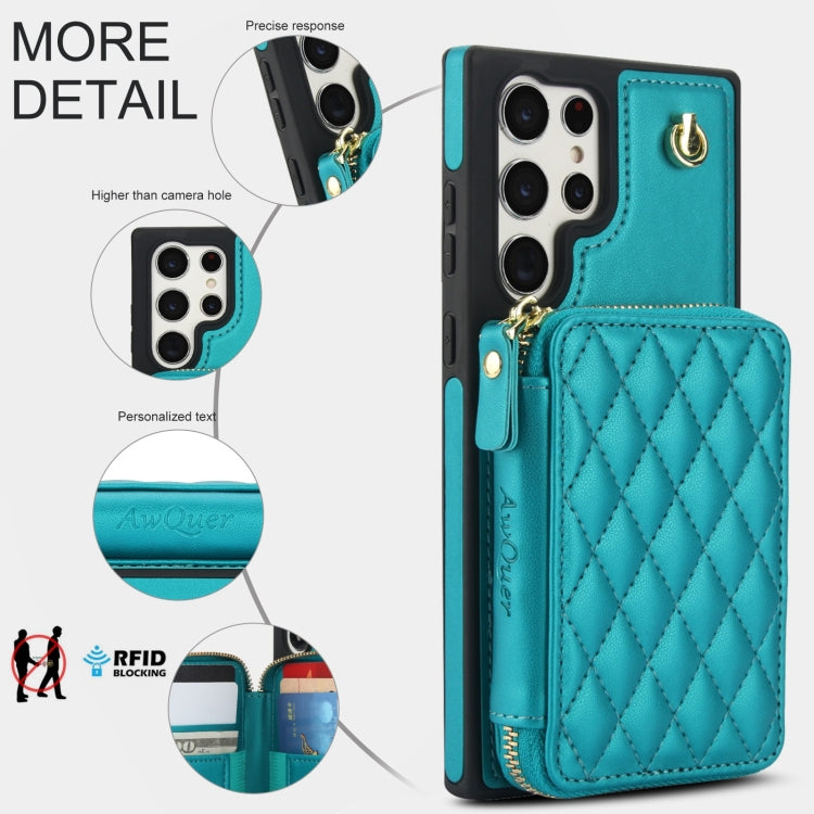 For Samsung Galaxy S24 Ultra 5G AwQuer Crossbody Zipper Wallet Rhombic Leather Back Phone Case(Green)