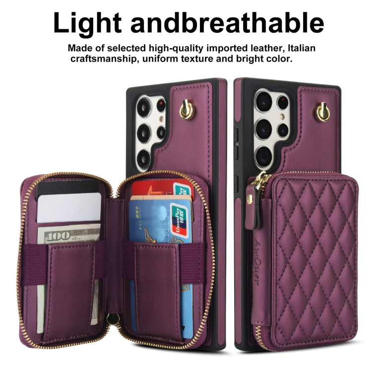 For Samsung Galaxy S24 Ultra 5G AwQuer Crossbody Zipper Wallet Rhombic Leather Back Phone Case(Dark Purple)