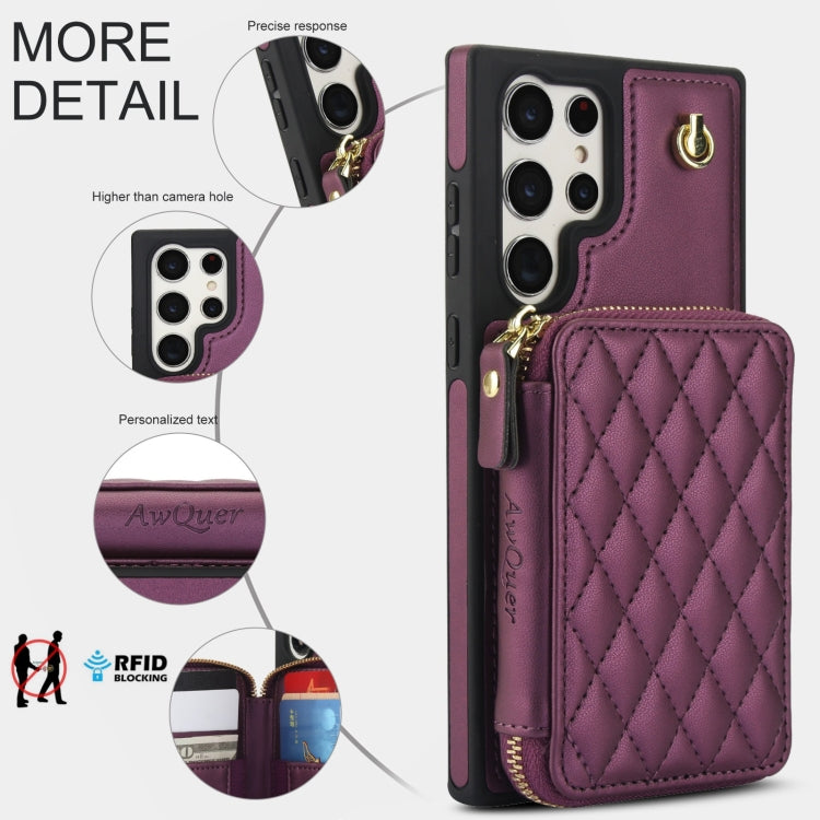 For Samsung Galaxy S24 Ultra 5G AwQuer Crossbody Zipper Wallet Rhombic Leather Back Phone Case(Dark Purple)