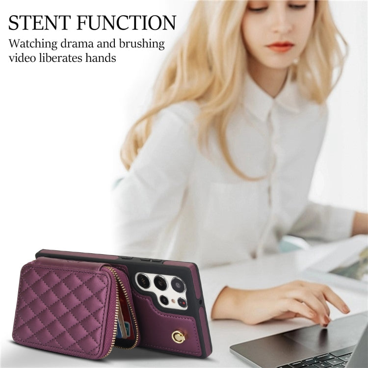 For Samsung Galaxy S24 Ultra 5G AwQuer Crossbody Zipper Wallet Rhombic Leather Back Phone Case(Dark Purple)