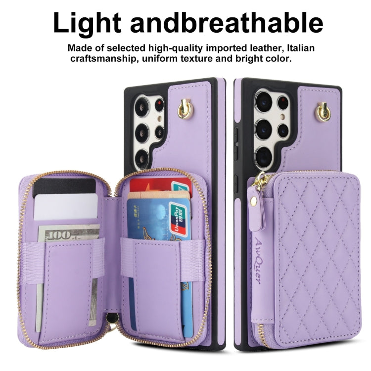 For Samsung Galaxy S24 Ultra 5G AwQuer Crossbody Zipper Wallet Rhombic Leather Back Phone Case(Purple)