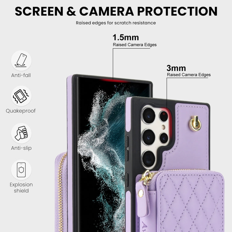 For Samsung Galaxy S24 Ultra 5G AwQuer Crossbody Zipper Wallet Rhombic Leather Back Phone Case(Purple)