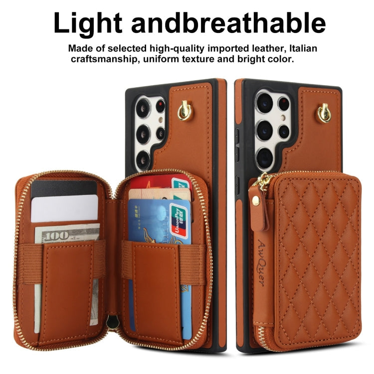 For Samsung Galaxy S24 Ultra 5G AwQuer Crossbody Zipper Wallet Rhombic Leather Back Phone Case(Brown)