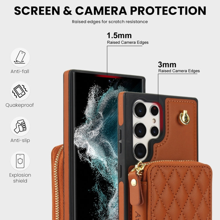 For Samsung Galaxy S24 Ultra 5G AwQuer Crossbody Zipper Wallet Rhombic Leather Back Phone Case(Brown)