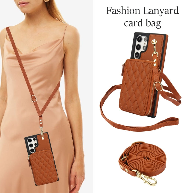For Samsung Galaxy S24 Ultra 5G AwQuer Crossbody Zipper Wallet Rhombic Leather Back Phone Case(Brown)