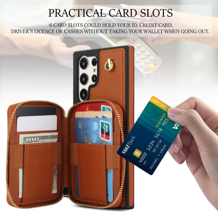 For Samsung Galaxy S24 Ultra 5G AwQuer Crossbody Zipper Wallet Rhombic Leather Back Phone Case(Brown)
