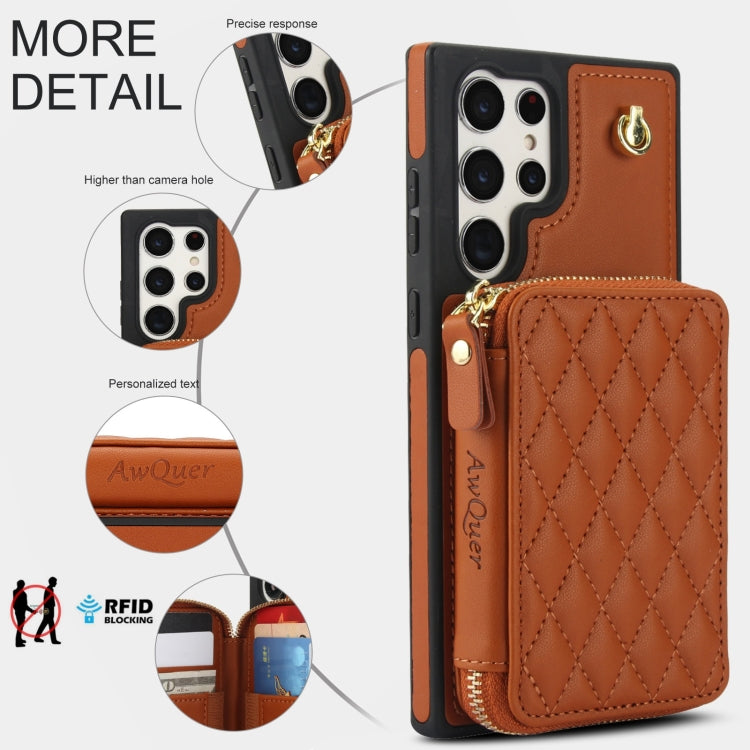 For Samsung Galaxy S24 Ultra 5G AwQuer Crossbody Zipper Wallet Rhombic Leather Back Phone Case(Brown)