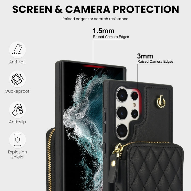 For Samsung Galaxy S23 Ultra 5G AwQuer Crossbody Zipper Wallet Rhombic Leather Back Phone Case(Black)