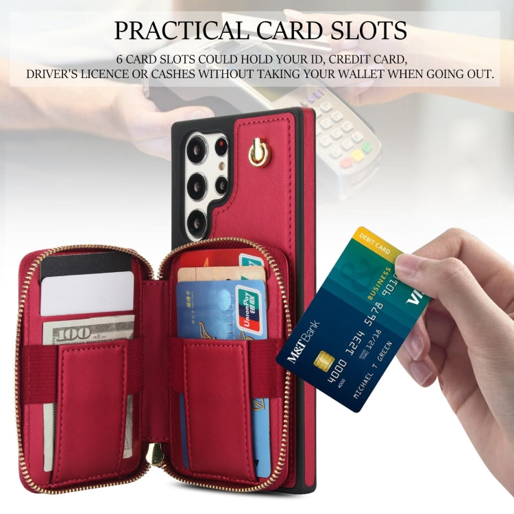 For Samsung Galaxy S23 Ultra 5G AwQuer Crossbody Zipper Wallet Rhombic Leather Back Phone Case(Red)