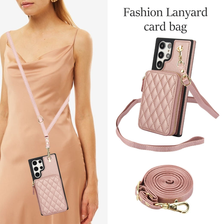 For Samsung Galaxy S23 Ultra 5G AwQuer Crossbody Zipper Wallet Rhombic Leather Back Phone Case(Rose Gold)
