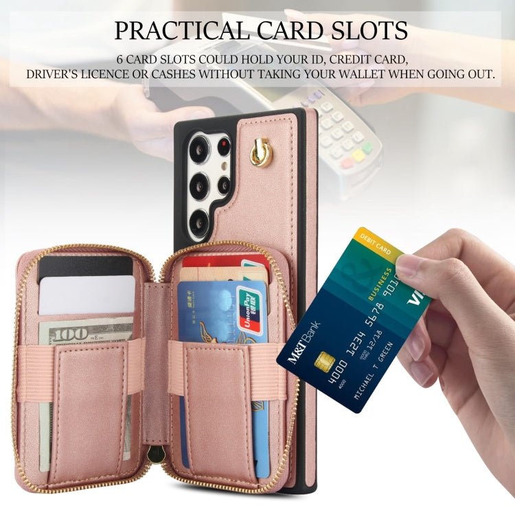 For Samsung Galaxy S23 Ultra 5G AwQuer Crossbody Zipper Wallet Rhombic Leather Back Phone Case(Rose Gold)
