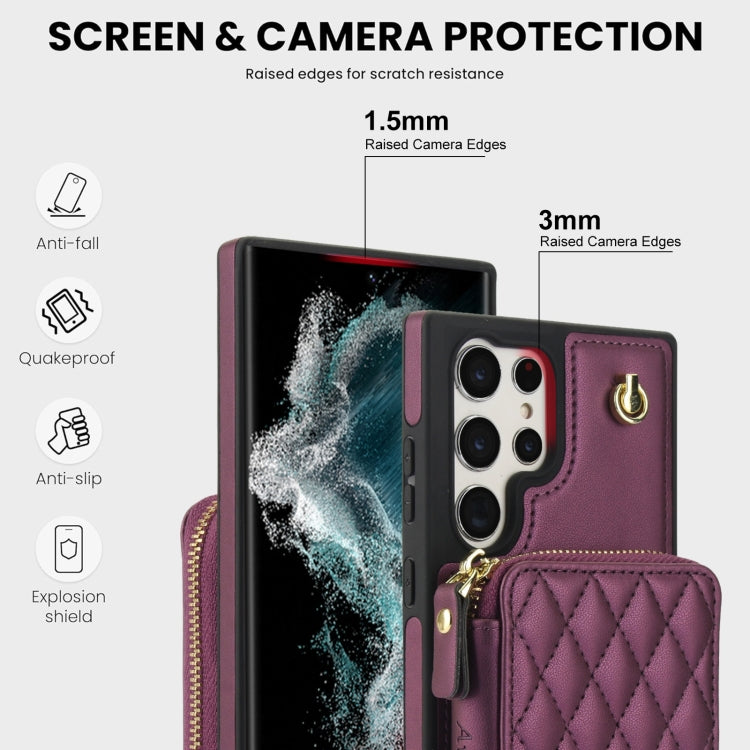 For Samsung Galaxy S23 Ultra 5G AwQuer Crossbody Zipper Wallet Rhombic Leather Back Phone Case(Dark Purple)