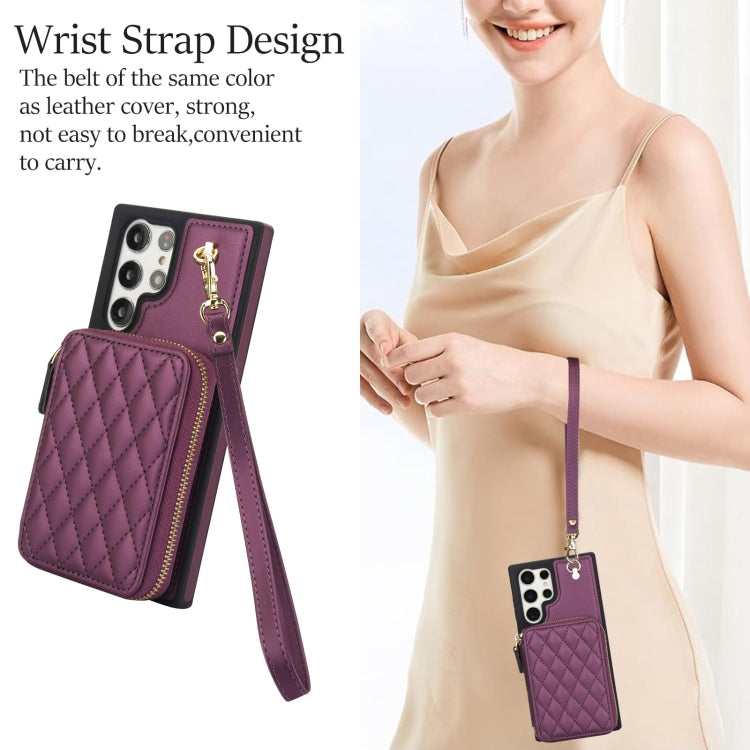 For Samsung Galaxy S23 Ultra 5G AwQuer Crossbody Zipper Wallet Rhombic Leather Back Phone Case(Dark Purple)