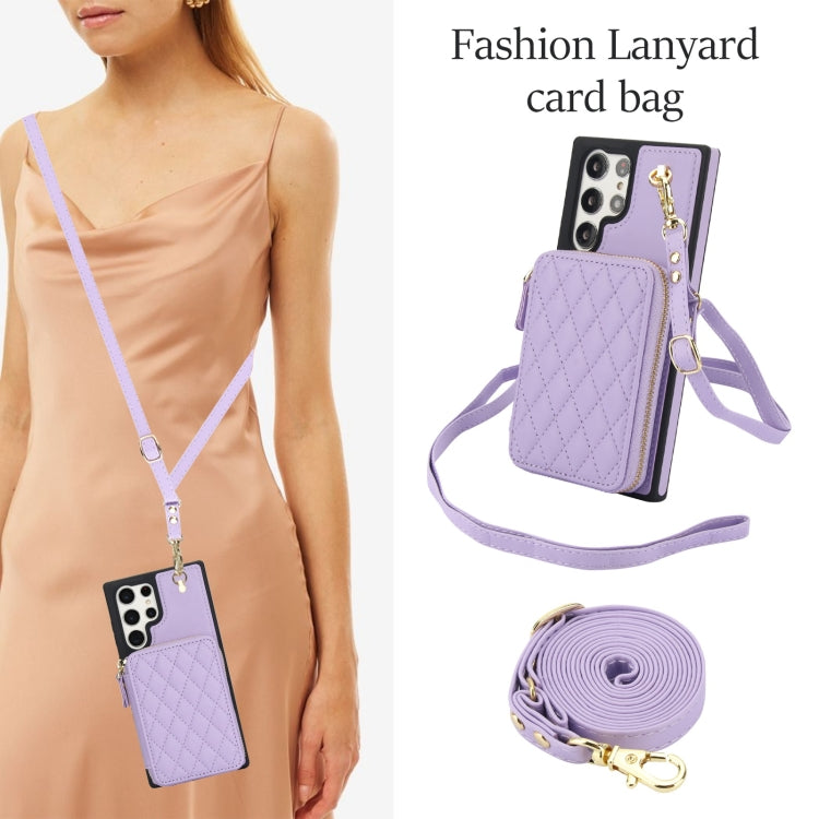 For Samsung Galaxy S23 Ultra 5G AwQuer Crossbody Zipper Wallet Rhombic Leather Back Phone Case(Purple)