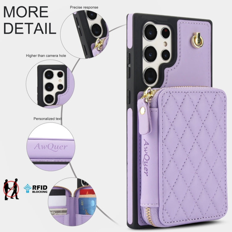 For Samsung Galaxy S23 Ultra 5G AwQuer Crossbody Zipper Wallet Rhombic Leather Back Phone Case(Purple)