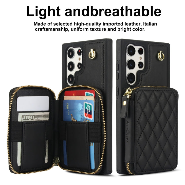 For Samsung Galaxy S22 Ultra 5G AwQuer Crossbody Zipper Wallet Rhombic Leather Back Phone Case(Black)