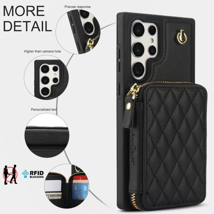 For Samsung Galaxy S22 Ultra 5G AwQuer Crossbody Zipper Wallet Rhombic Leather Back Phone Case(Black)