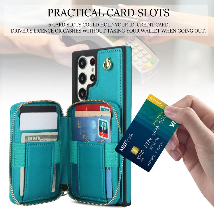 For Samsung Galaxy S22 Ultra 5G AwQuer Crossbody Zipper Wallet Rhombic Leather Back Phone Case(Green)