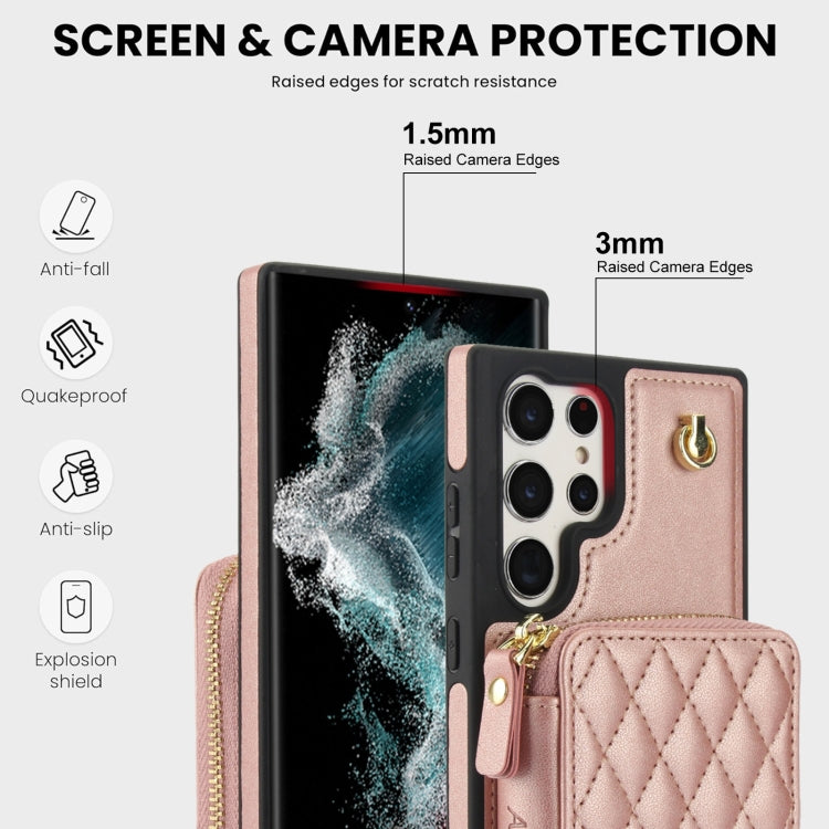 For Samsung Galaxy S22 Ultra 5G AwQuer Crossbody Zipper Wallet Rhombic Leather Back Phone Case(Rose Gold)