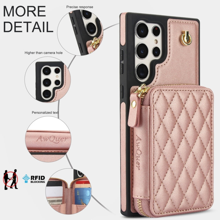 For Samsung Galaxy S22 Ultra 5G AwQuer Crossbody Zipper Wallet Rhombic Leather Back Phone Case(Rose Gold)
