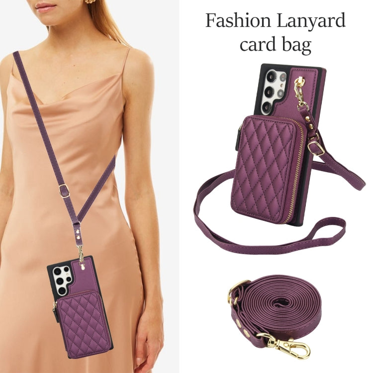 For Samsung Galaxy S22 Ultra 5G AwQuer Crossbody Zipper Wallet Rhombic Leather Back Phone Case(Dark Purple)