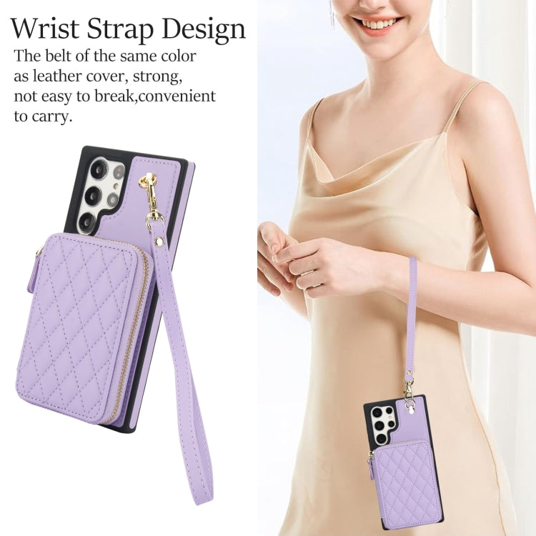 For Samsung Galaxy S22 Ultra 5G AwQuer Crossbody Zipper Wallet Rhombic Leather Back Phone Case(Purple)