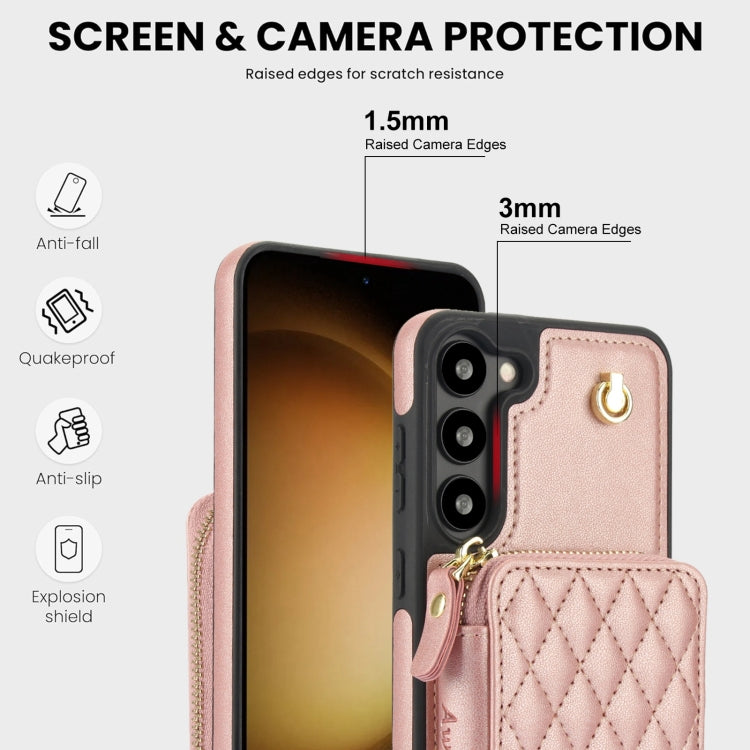For Samsung Galaxy S23 5G AwQuer Crossbody Zipper Wallet Rhombic Leather Back Phone Case(Rose Gold)