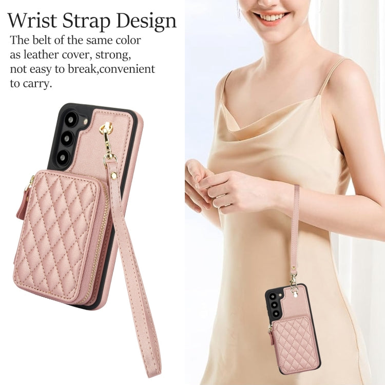For Samsung Galaxy S23 5G AwQuer Crossbody Zipper Wallet Rhombic Leather Back Phone Case(Rose Gold)