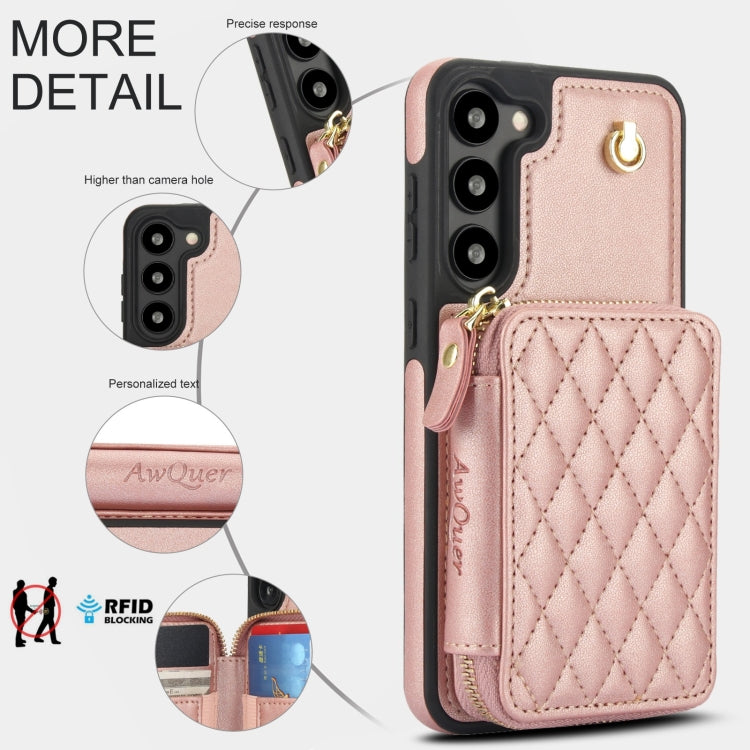 For Samsung Galaxy S23 5G AwQuer Crossbody Zipper Wallet Rhombic Leather Back Phone Case(Rose Gold)