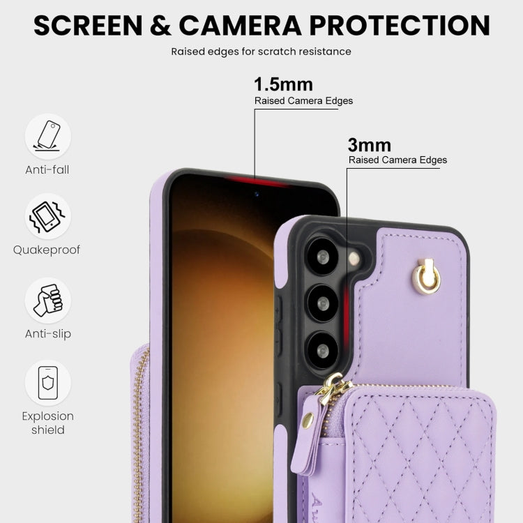 For Samsung Galaxy S23 5G AwQuer Crossbody Zipper Wallet Rhombic Leather Back Phone Case(Purple)
