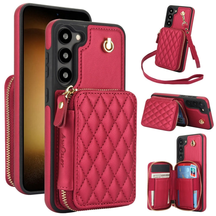 For Samsung Galaxy S23+ 5G AwQuer Crossbody Zipper Wallet Rhombic Leather Back Phone Case(Red)