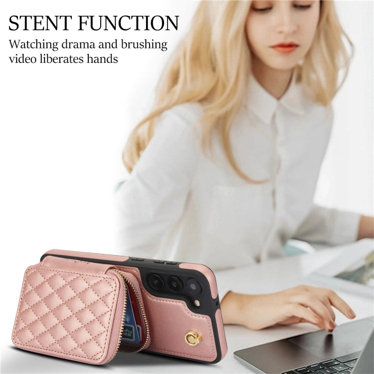For Samsung Galaxy S23+ 5G AwQuer Crossbody Zipper Wallet Rhombic Leather Back Phone Case(Rose Gold)