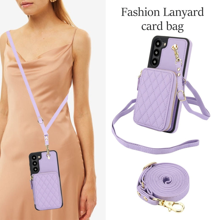 For Samsung Galaxy S23+ 5G AwQuer Crossbody Zipper Wallet Rhombic Leather Back Phone Case(Purple)