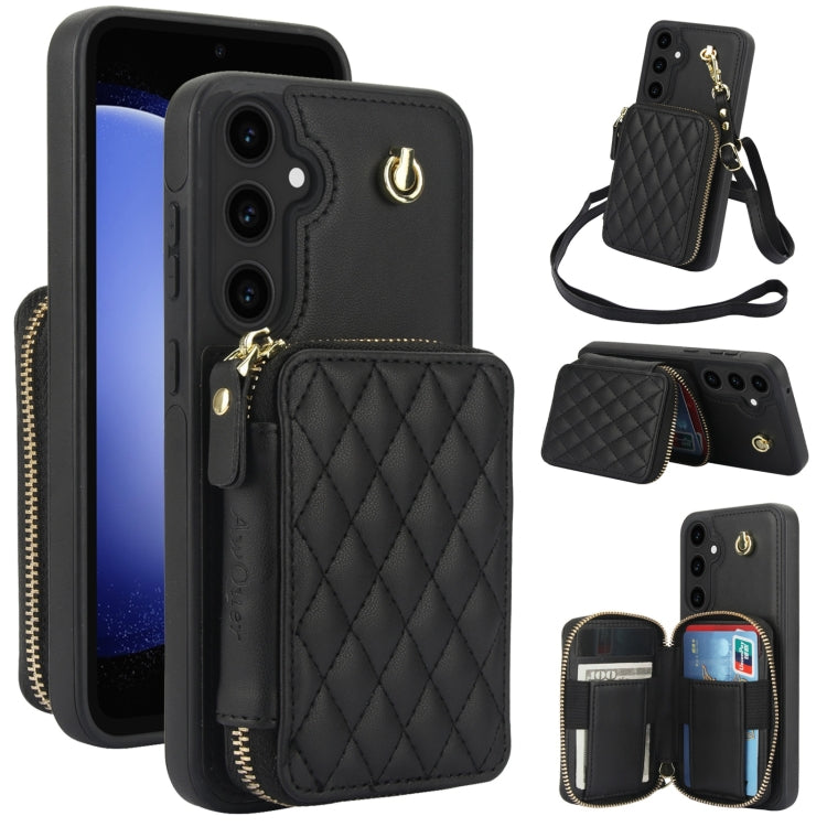For Samsung Galaxy S23 FE 5G AwQuer Crossbody Zipper Wallet Rhombic Leather Back Phone Case(Black)